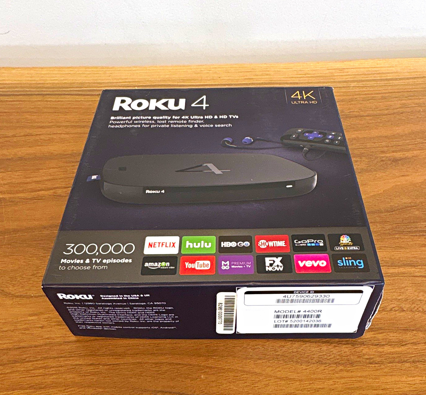 Roku 4 4K 2160p Streaming Media Player Box Black w/ Power Supply - (No Remote)