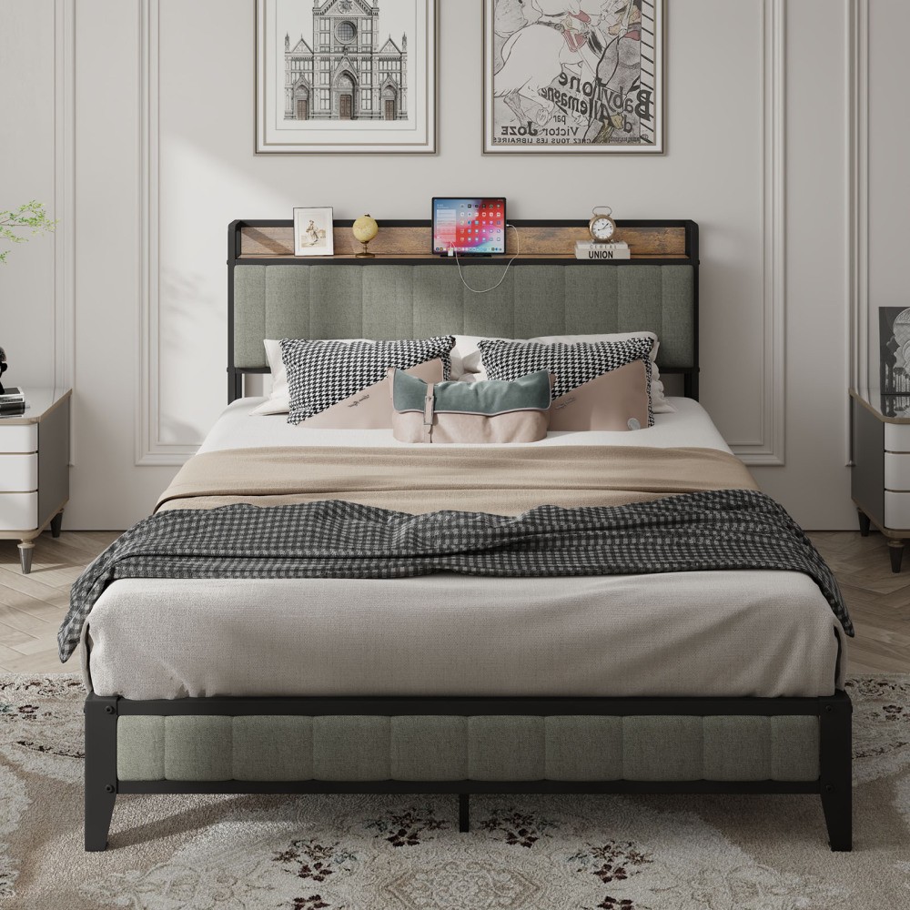 Queen Size Bed Frame with Charging Station, Upholstered Metal Platform Bed
