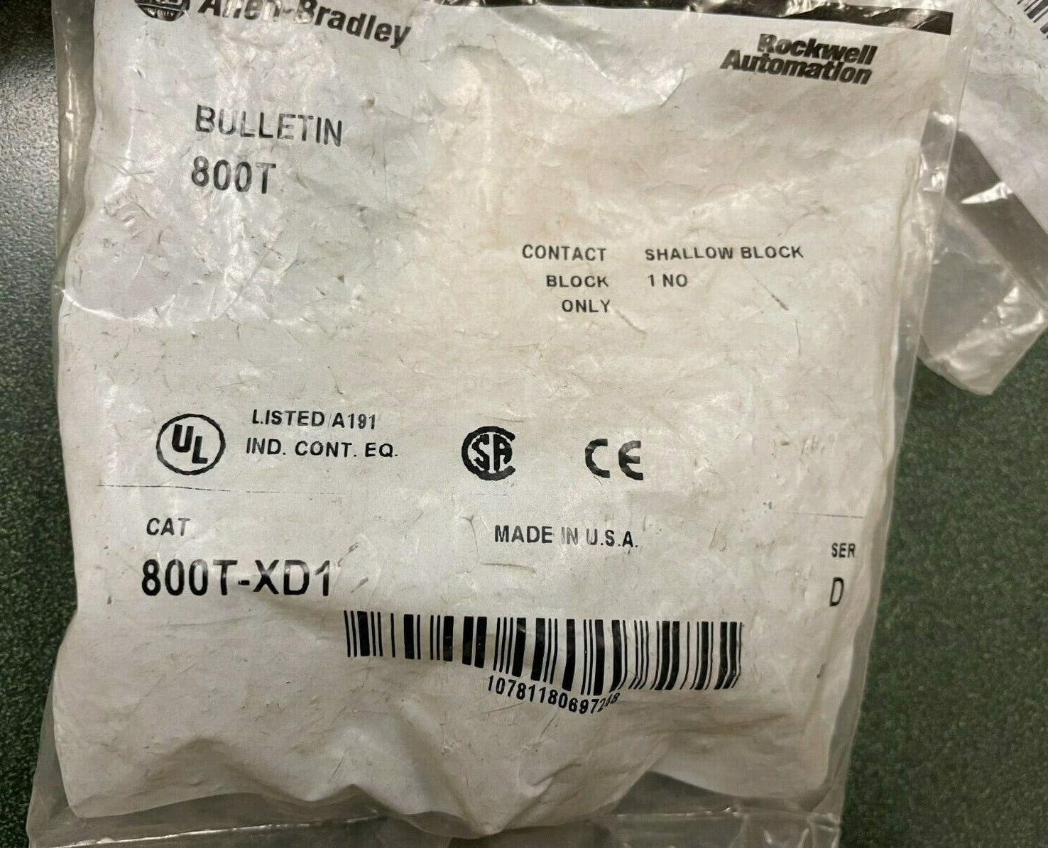 New Allen Bradley 800T-XD1 Contact Block, 1NO, Type 4/13, 30mm