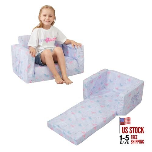 Toddler Chair 2-in-1 Kids Couch Bed Fold Out Convertible Kids Purple Butterfly