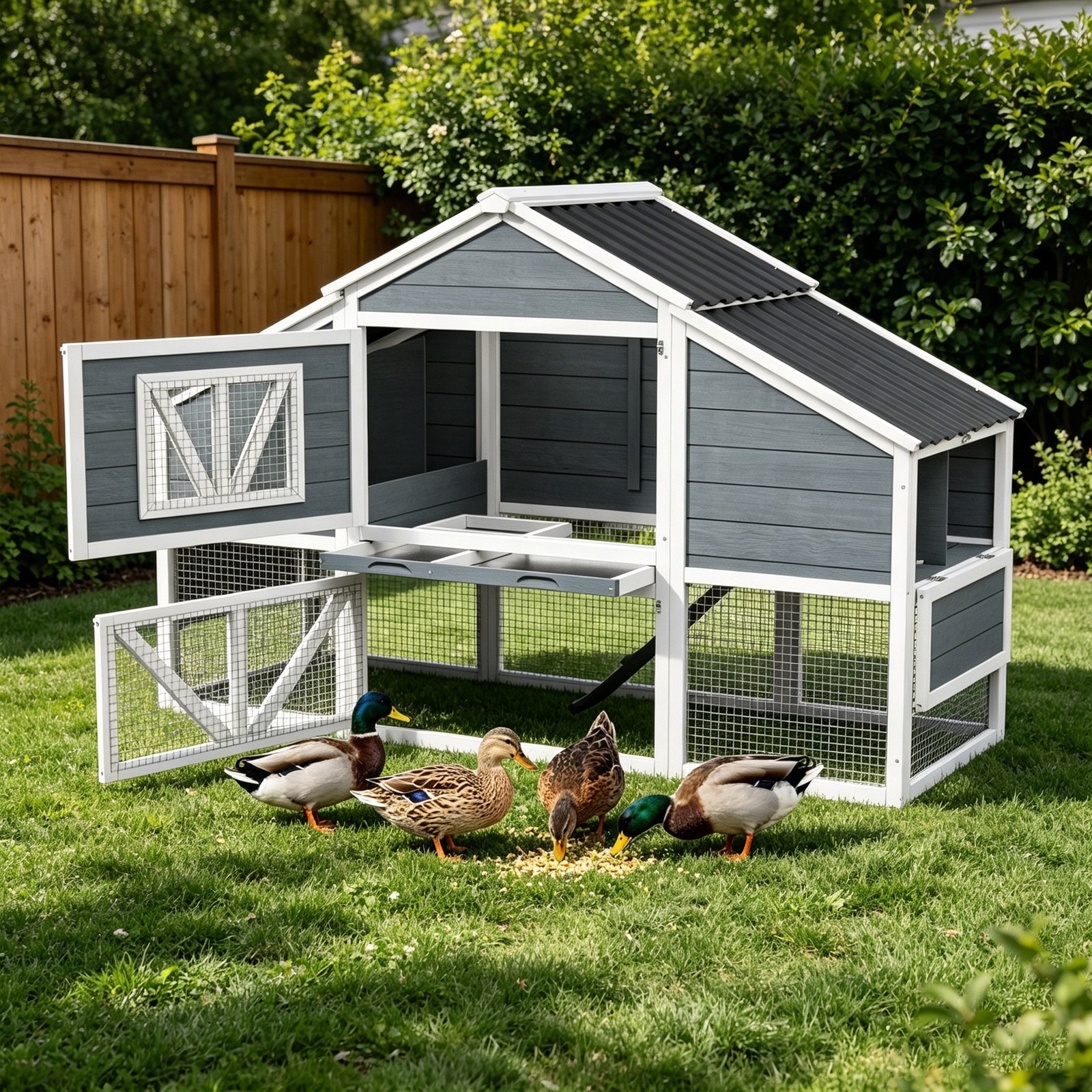 Predator Proof Duck House Outdoor 2 Story  Weatherproof Duck Coop  for 4-6 Ducks