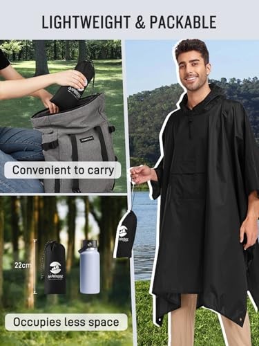 Extra Thick Hooded Rain Poncho Double Layer Waterproof Raincoat Black 2 Pack
