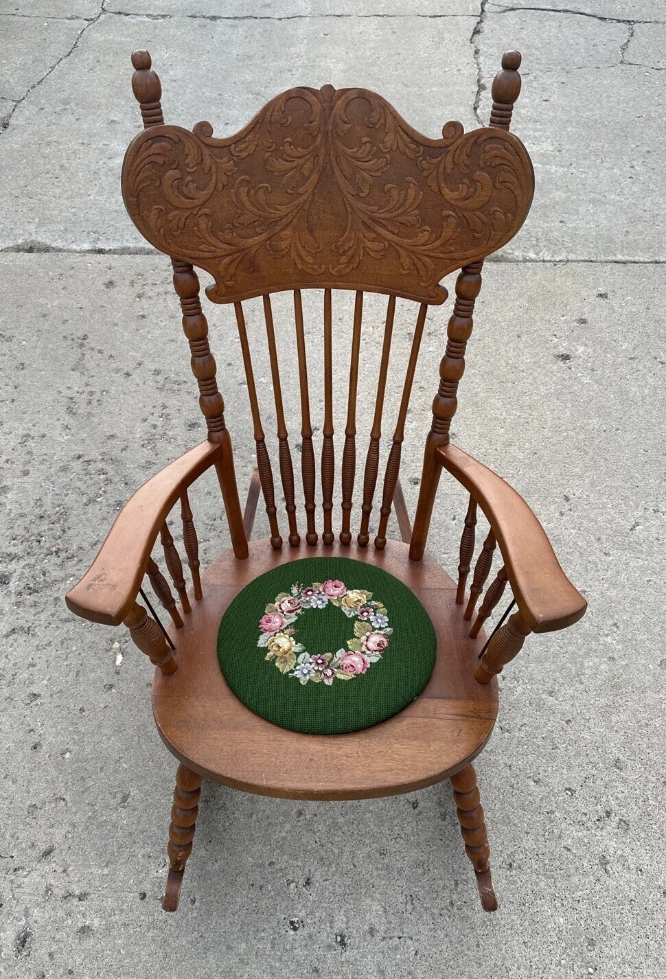 Vintage Victorian Rustic Maple Wood Spindle Back Needlepoint Seat Rocking Chair