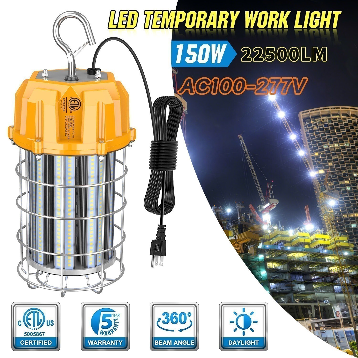 KUKUPPO 150W LED Temporary Work Light 22500Lumen Tunnel Construction Lights ETL