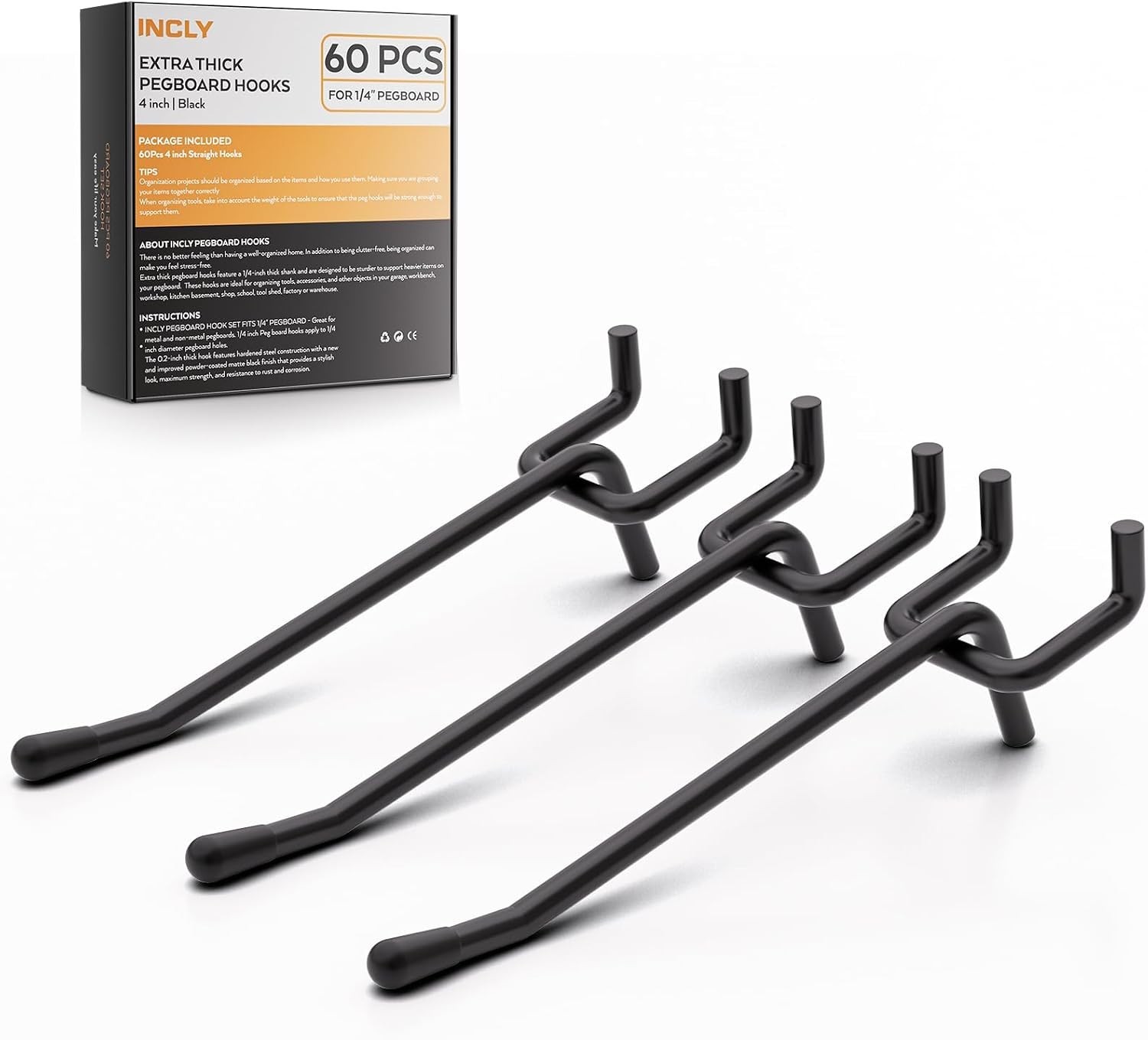 Heavy Duty 1/4 Inch Pegboard Hooks - 60 Pack Adjustable Tool Storage Solution