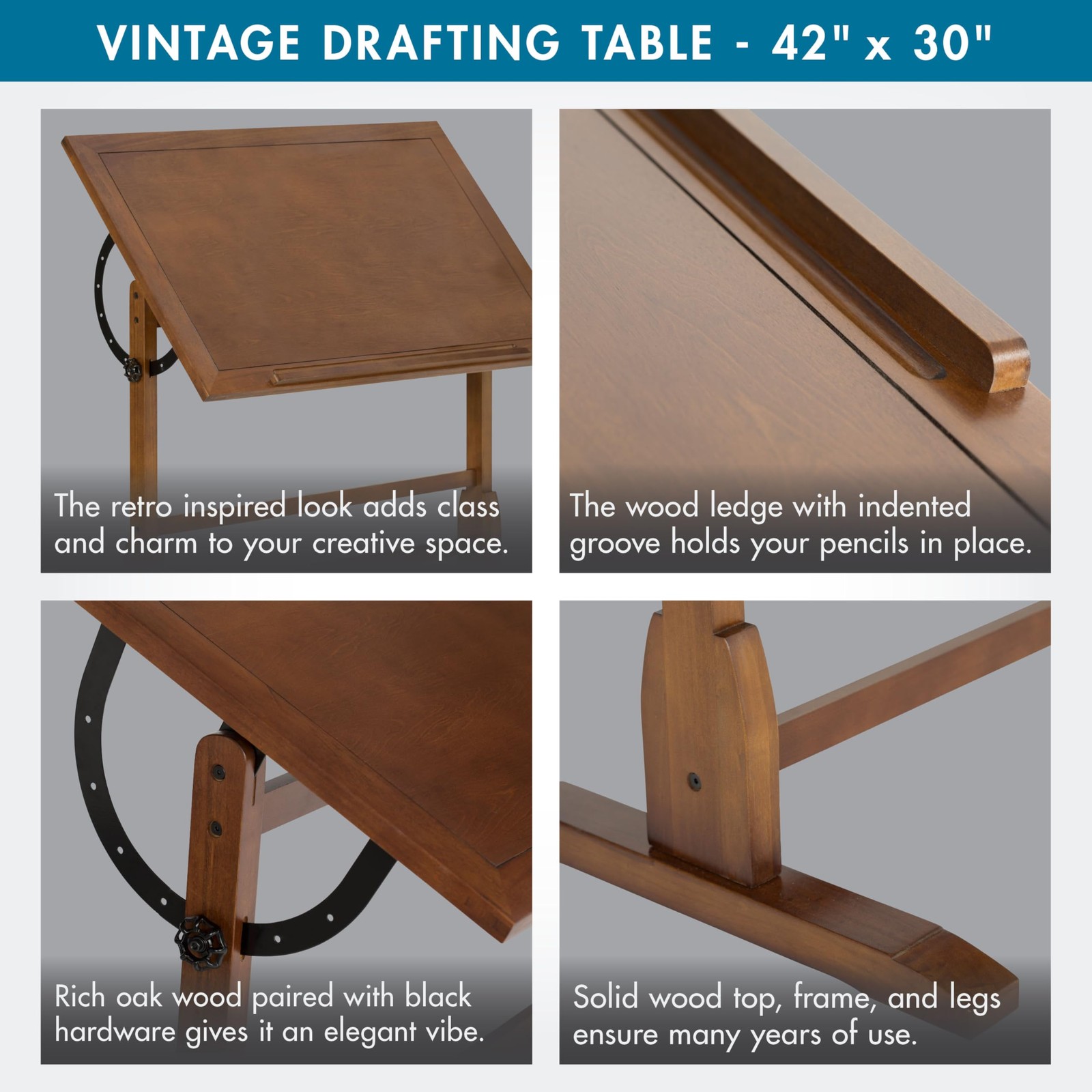 Studio Designs Vintage Drafting Table - Antique 42" W x 30" D, Rustic Oak