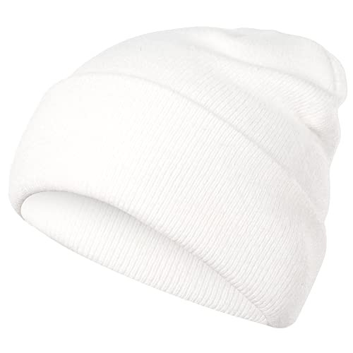 Beanie Hat for Women Men, Warm Cuffed Knit Hat for Skiing One Size White