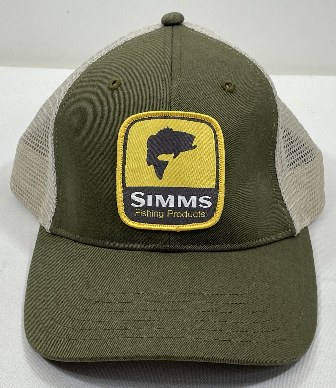 Simms Fishing Products Trout Patch Loden Trucker Hat Cap Snapback Green Tan Mesh