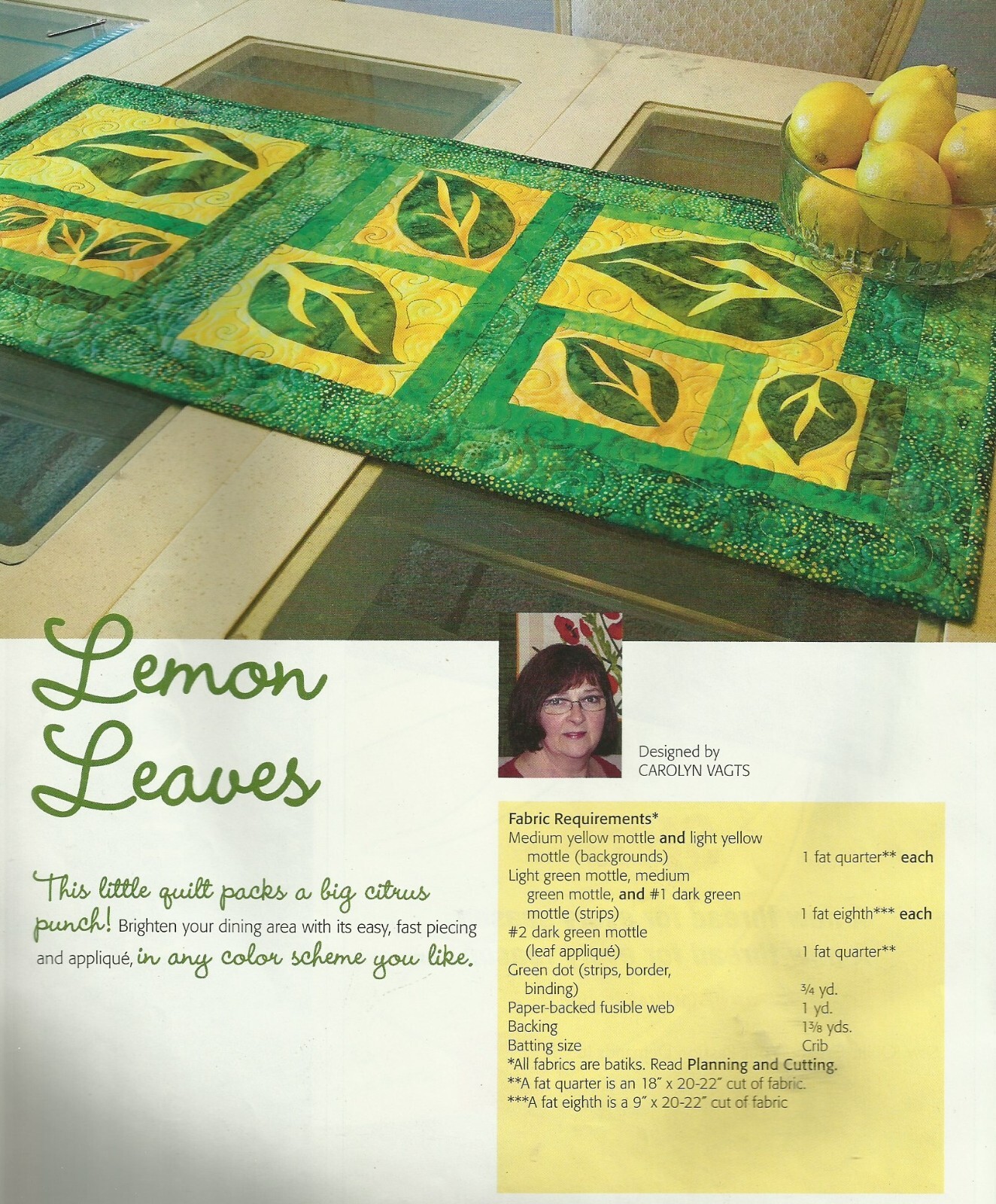 B0253   LEMON LEAVES RUNNER QUILT PATTERN/INSTRUCTIONS