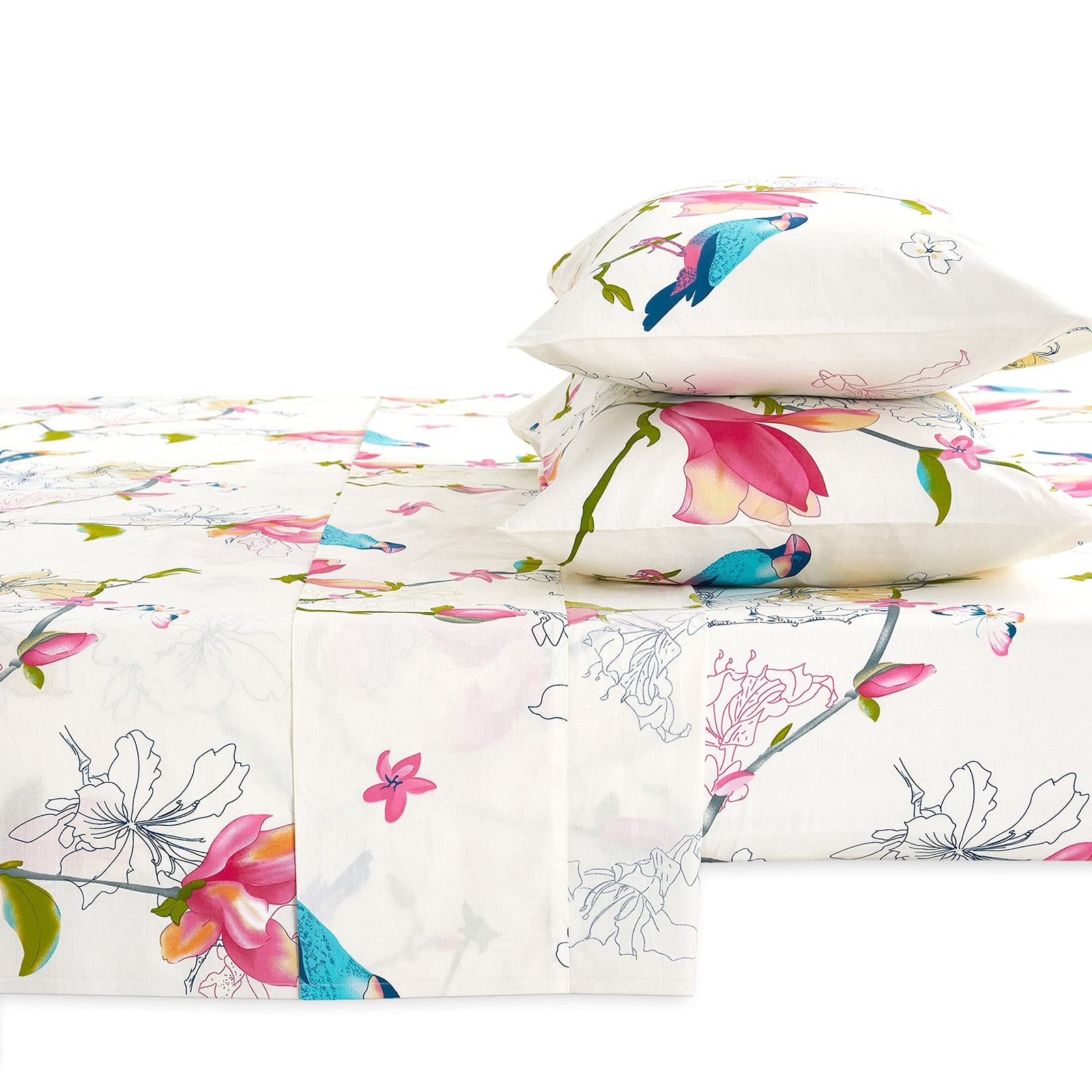 - Floral Bed Sheets, 100% Cotton, 4-Piece Sheet Set, Bird Patterned Printed B...