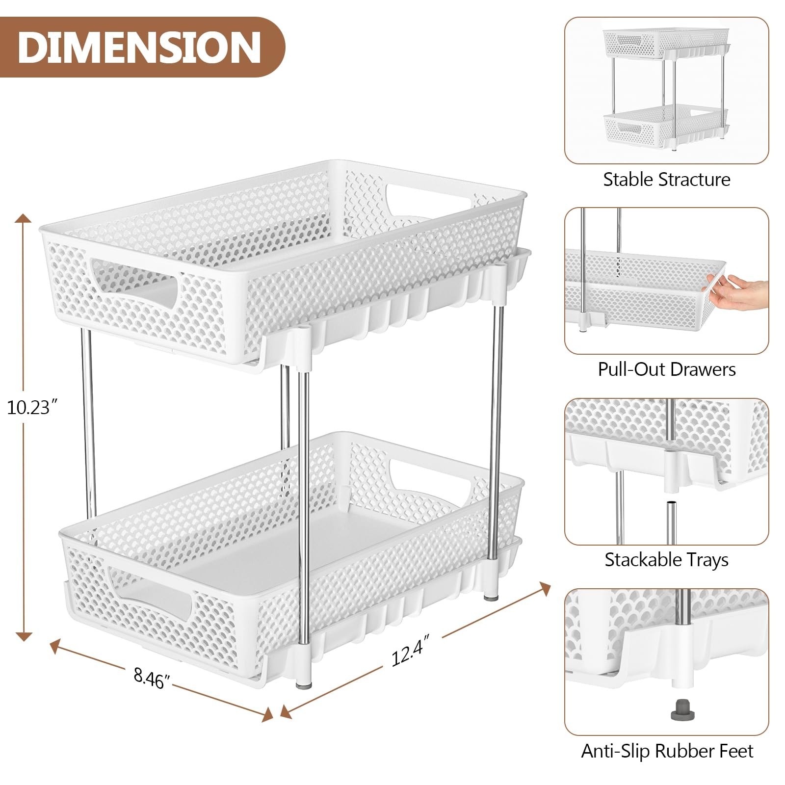 DABIGE 2 Pack Pull Out Bathroom Organizer 2 Tier Stackable Under Sink White