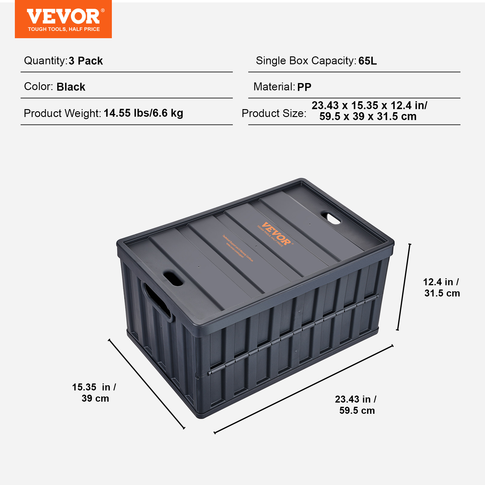 VEVOR Collapsible Storage Bins with Lids Folding Stackable Containers 65L 3-Pack