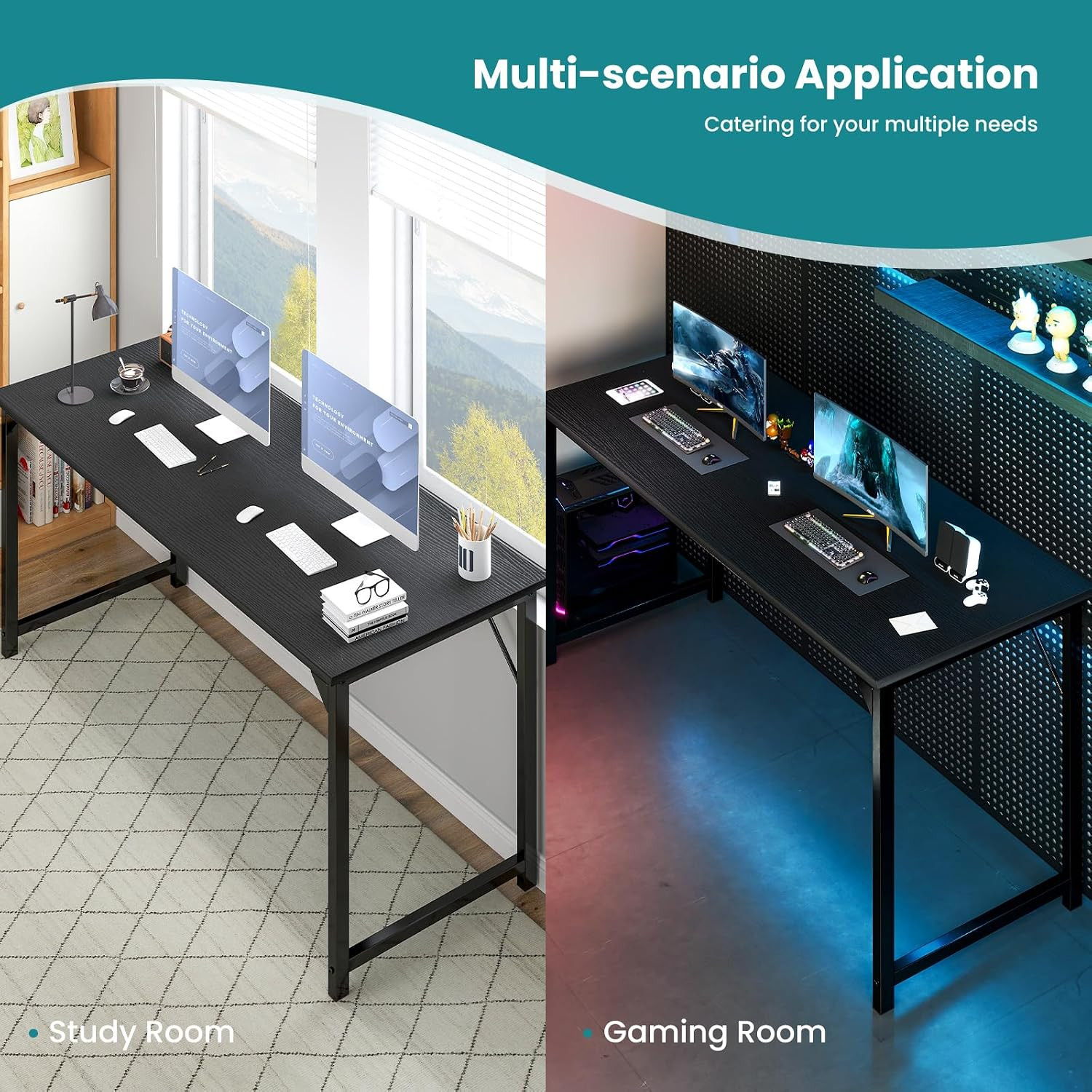 63-Inch Large Computer Desk for Home Office, Black | Gaming Writing Work and Stu