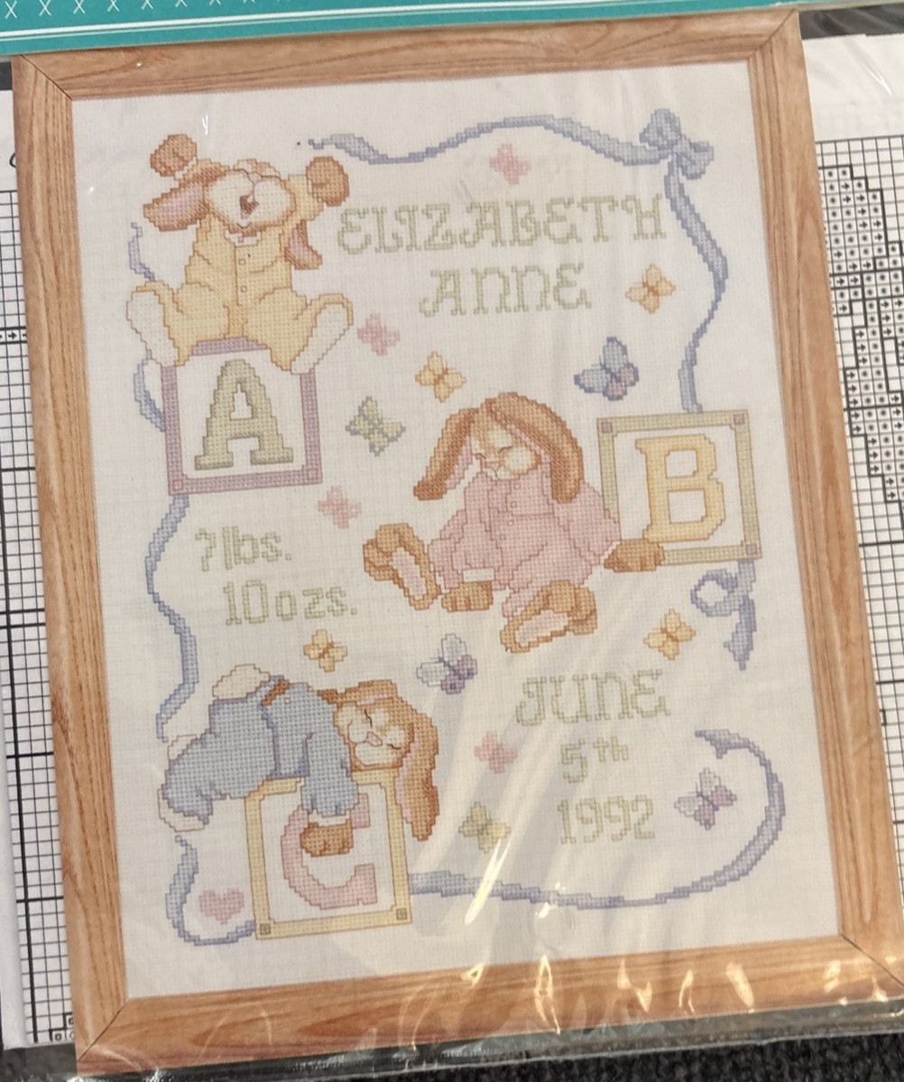 Vtg Rare Janlynn's Just-a-Chart SLEEPY BUNNIES BIRTH ANNOUNCEMENT Pattern #54-78