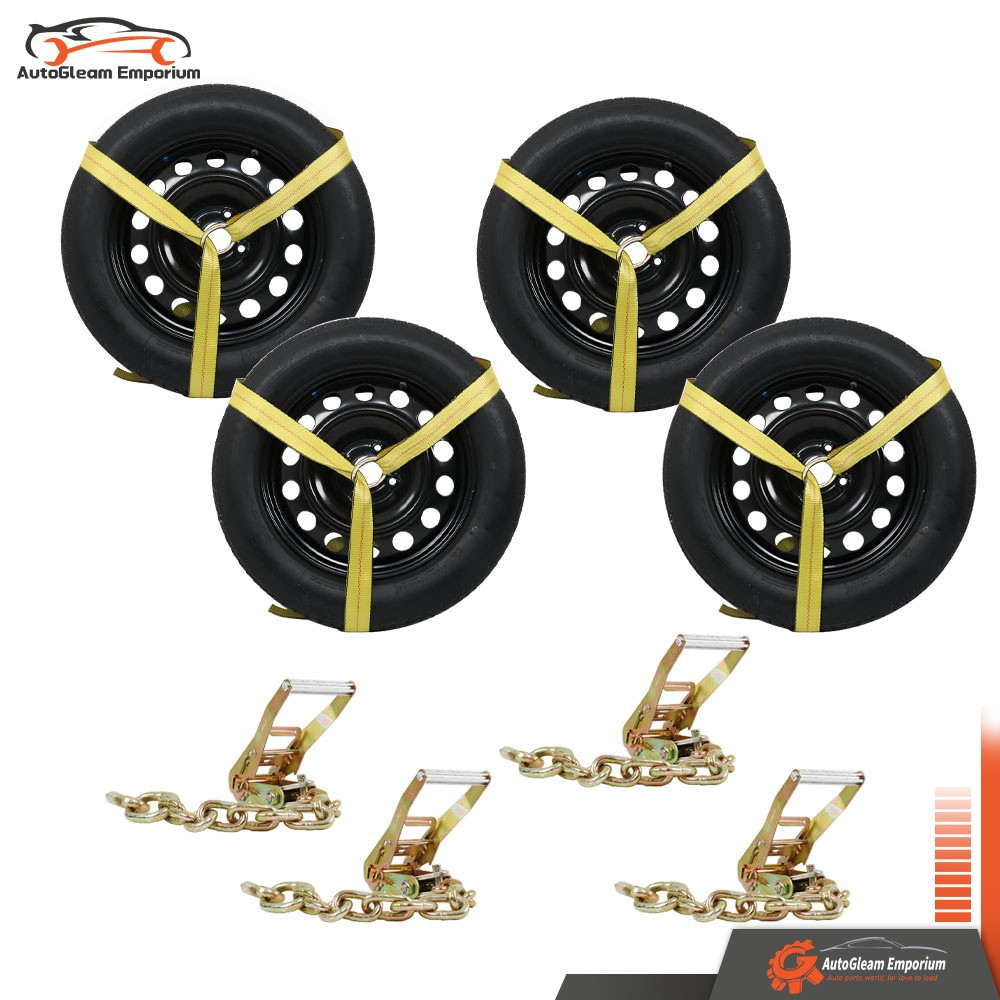 Yellow Car Tie Down with Chain Anchors 4 Pack Lasso Style Yellow 3,300 Pound