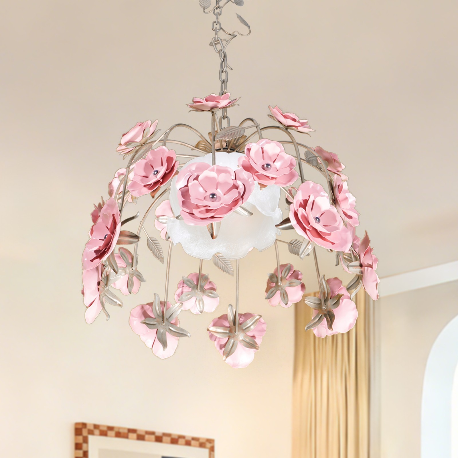 18 In Green Antique Style Wrought Iron Lamp, Single Headed Flower Pendant Light