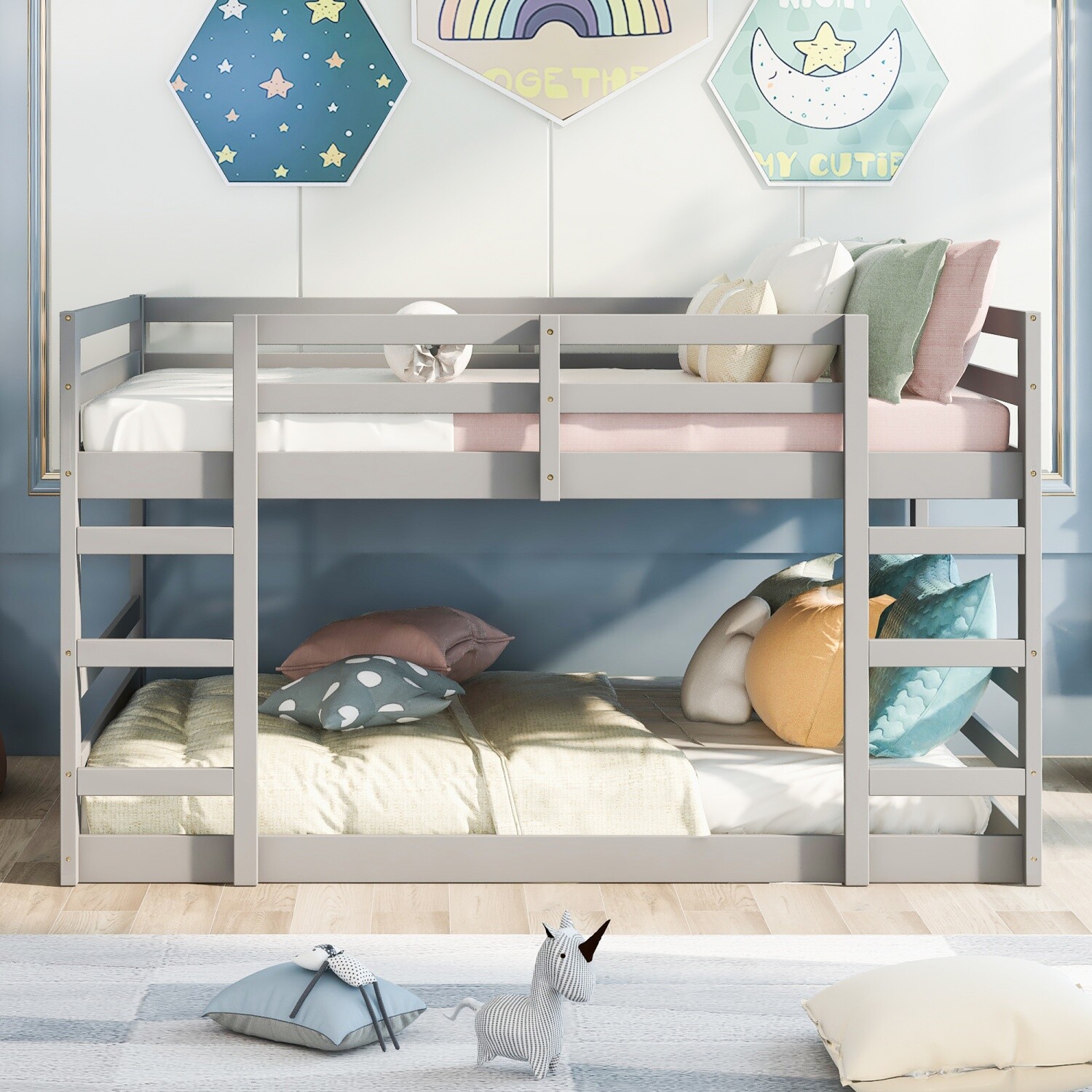 Modern Safe Full Over Full Bunk Bed Wood Bunk Bed Frame with Ladder Gray