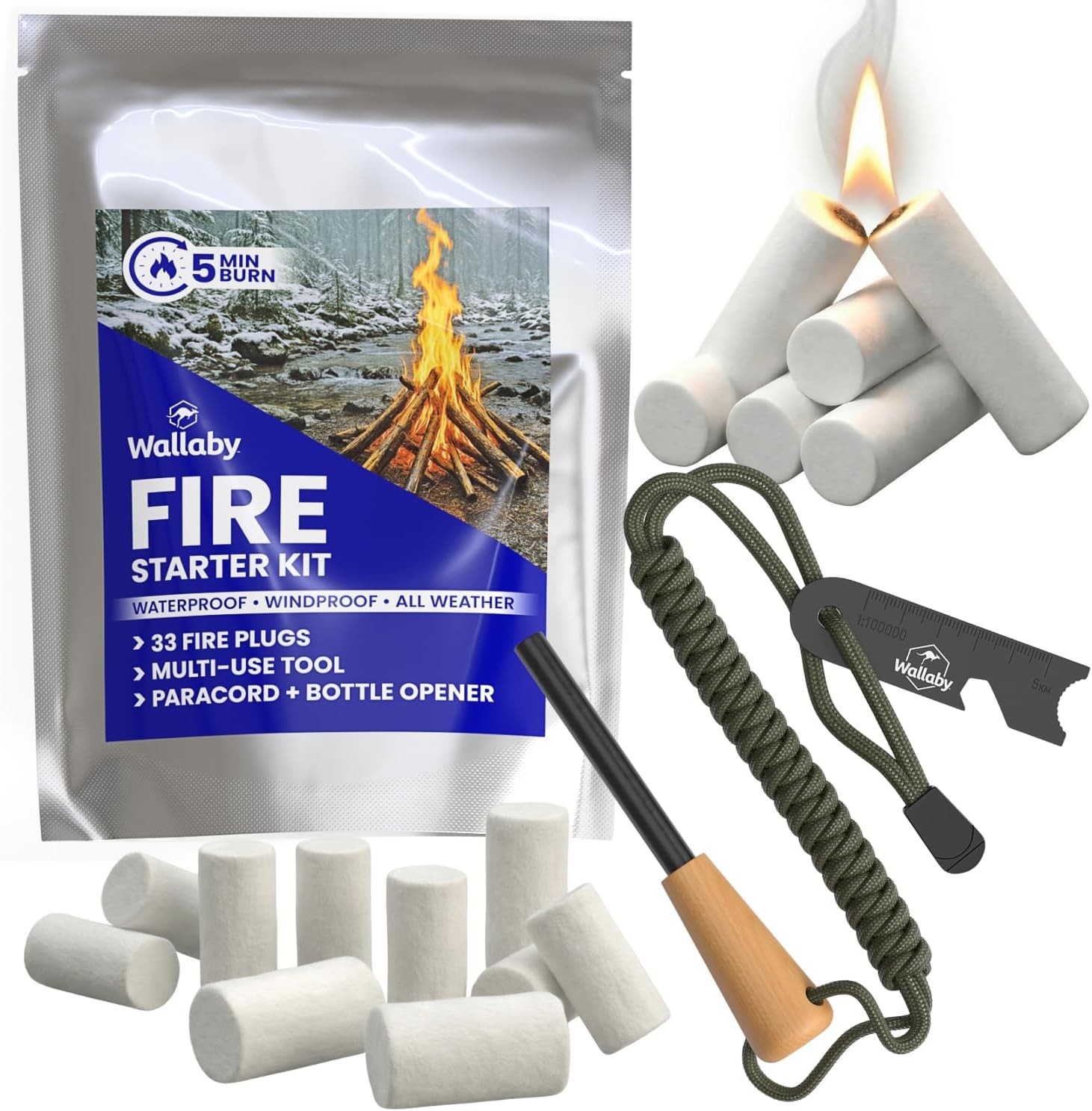 Wallaby Fire Starter Kit - 33 Waterproof Plugs in Metal Tin + Flint Rod Striker
