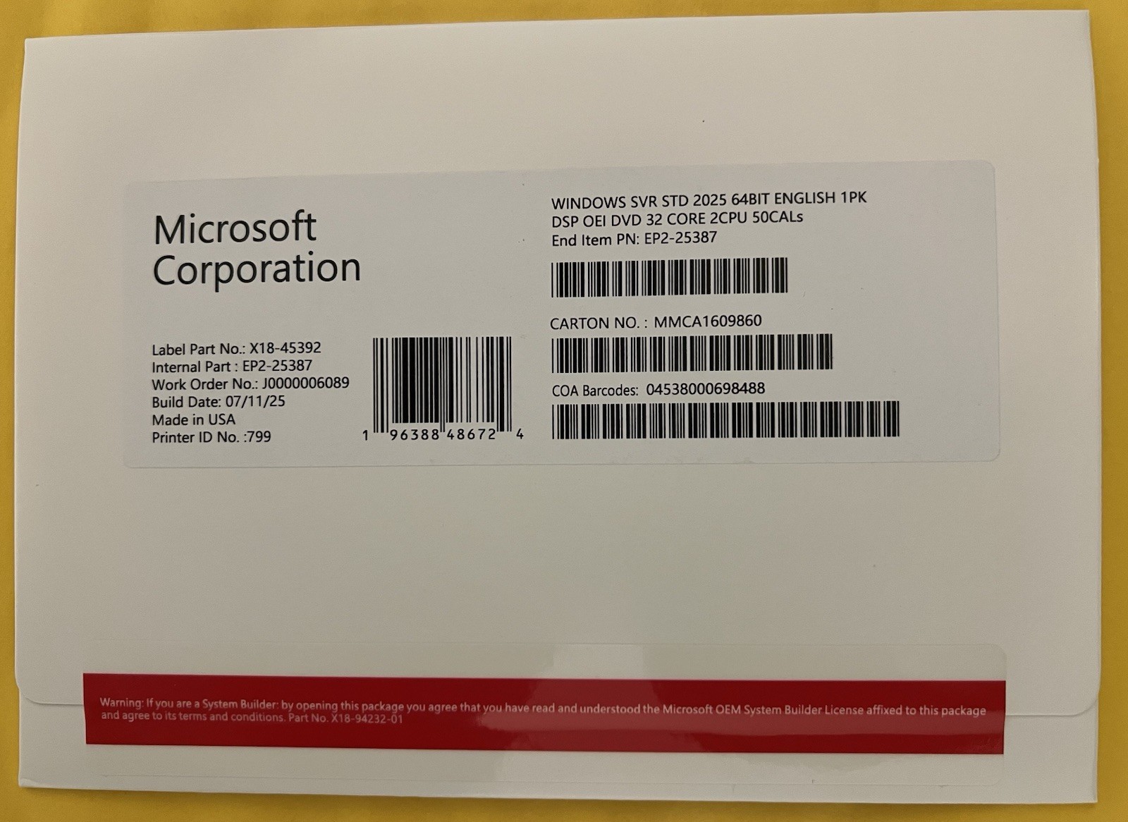 Windows Server 2025 Standard 64Bit 32 Core + 50 CALs Sealed New