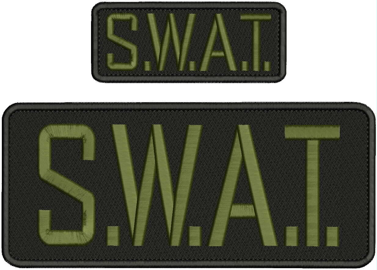 S.W.A.T. EMBROIDERY PATCHES 4X10 AND 2X5 HOOK ON BACK  OD GREEN ON BLACK