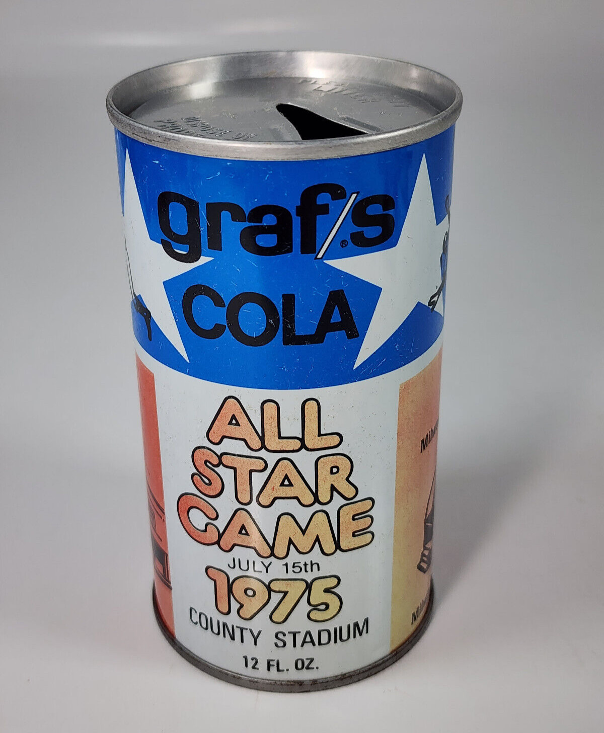 Vintage Graf's Cola Soda Pop Can Straight Steel Milwaukee Brewers WI All Star