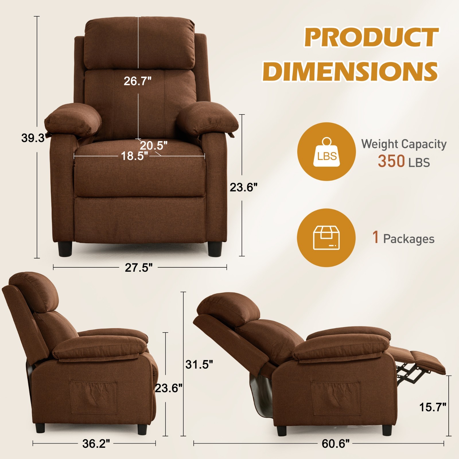 Korser Small Manual Push Back Recliner Chair with Side Pockets for Living Room