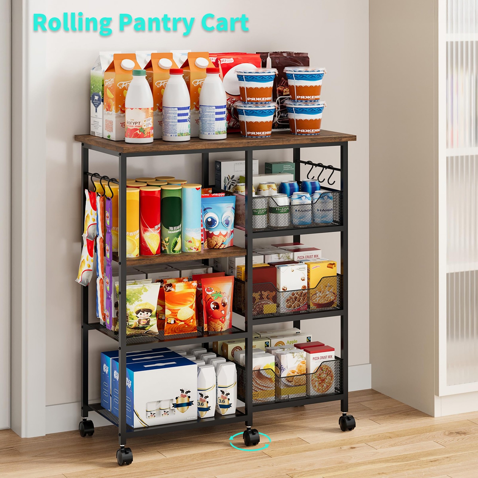 Rolling Kitchen Carts with Storage - Microwave Table Stand with 6 Hooks & 3 B...
