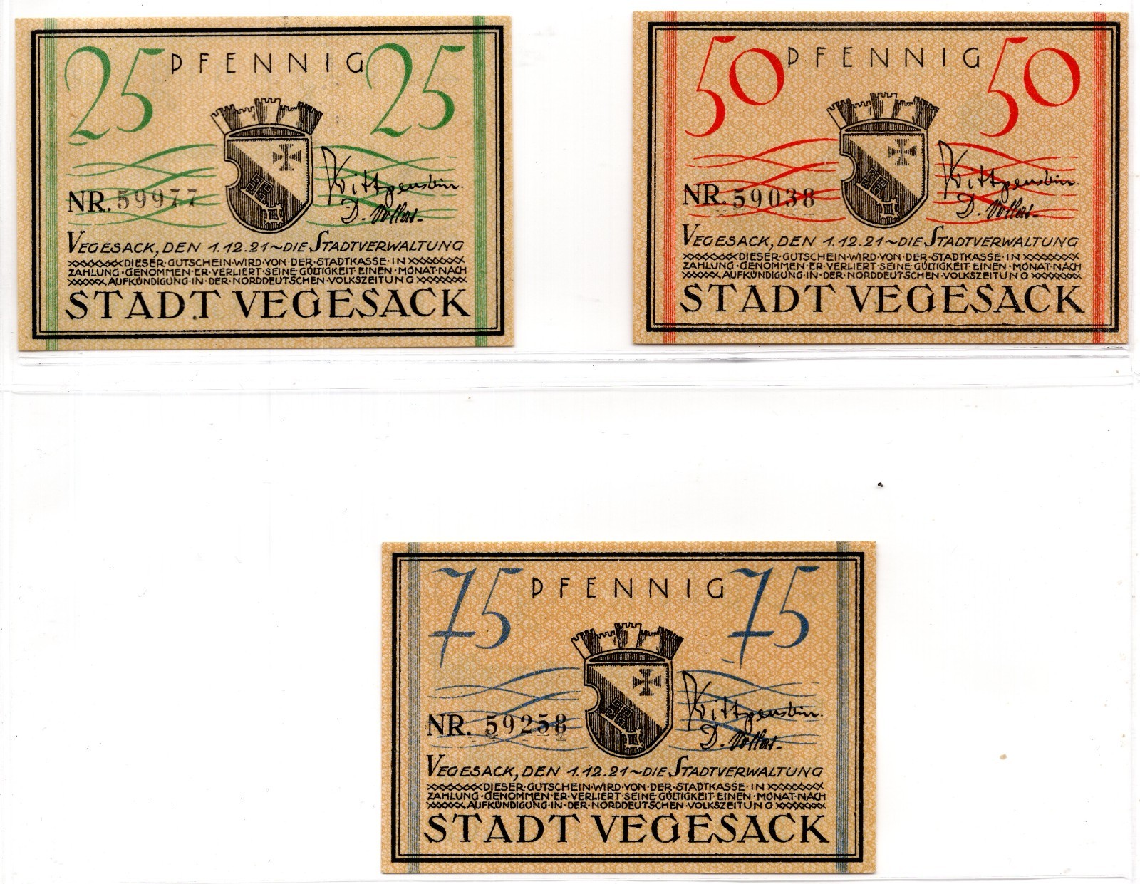 1921 Germany Vegesack Notgeld Set of 3 Notes (2074)