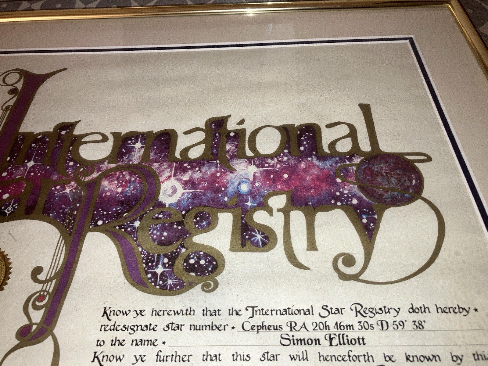 2005 International Star Registry Framed Certificate CEPHEUS RA SIGNED