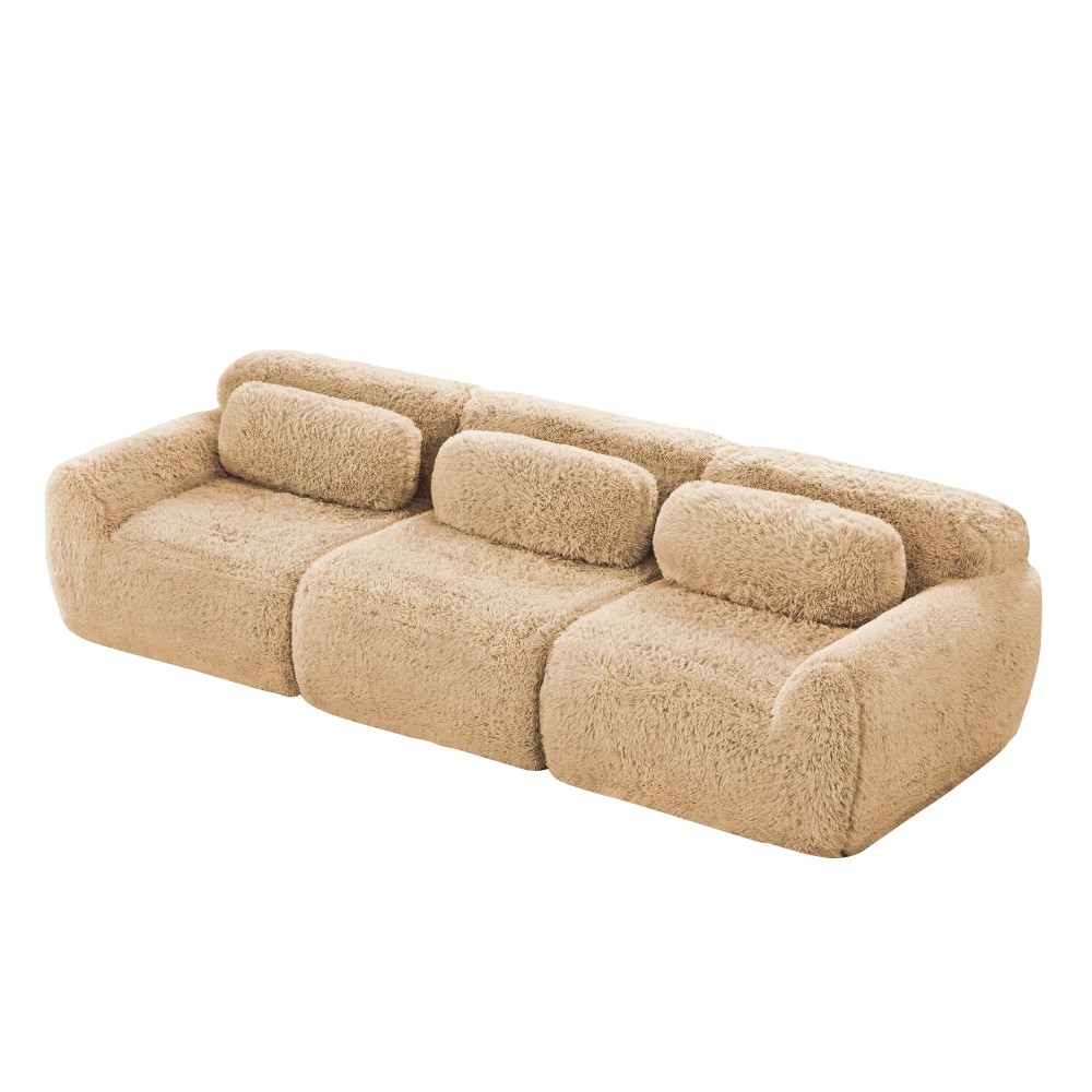 114'' Modular Sectional Sofa w/ Ottoman & Pillows, Plush Fabric, Light Khaki