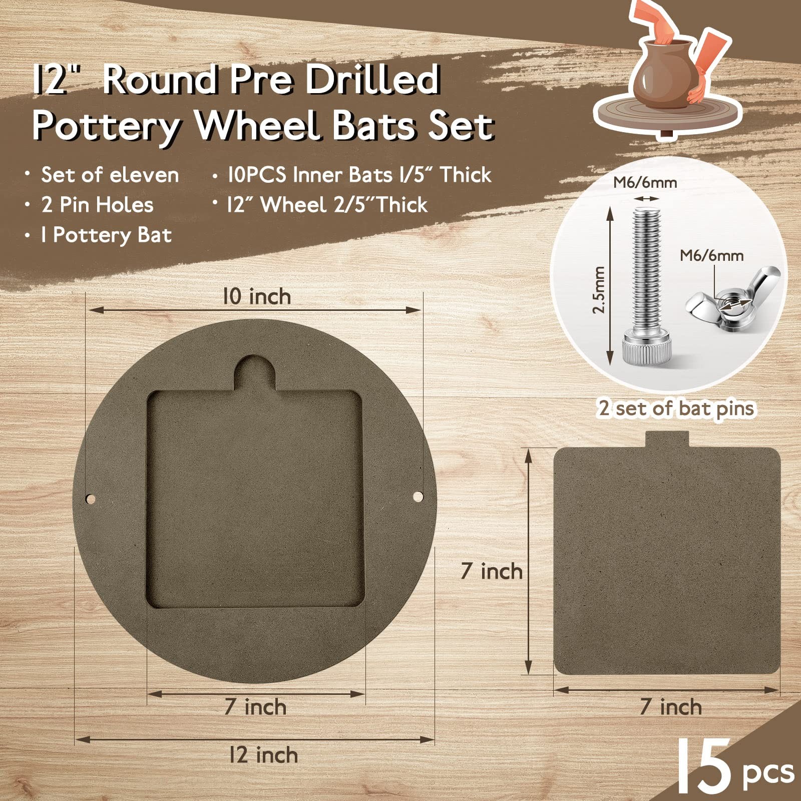 15 Pcs Bat for Pottery Wheel Adapter with Removable Inserts Pottery Bats for ...