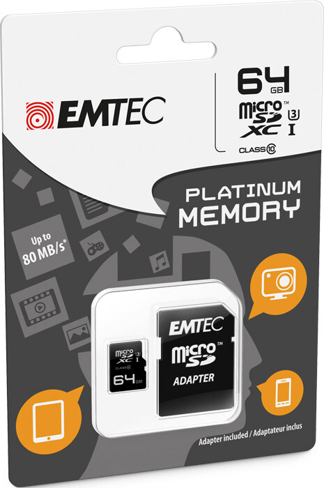 MicroSD XC 1 Memory Card Class 10 + SD Adapter 64GB Platinum Full HD 3D GoPro)