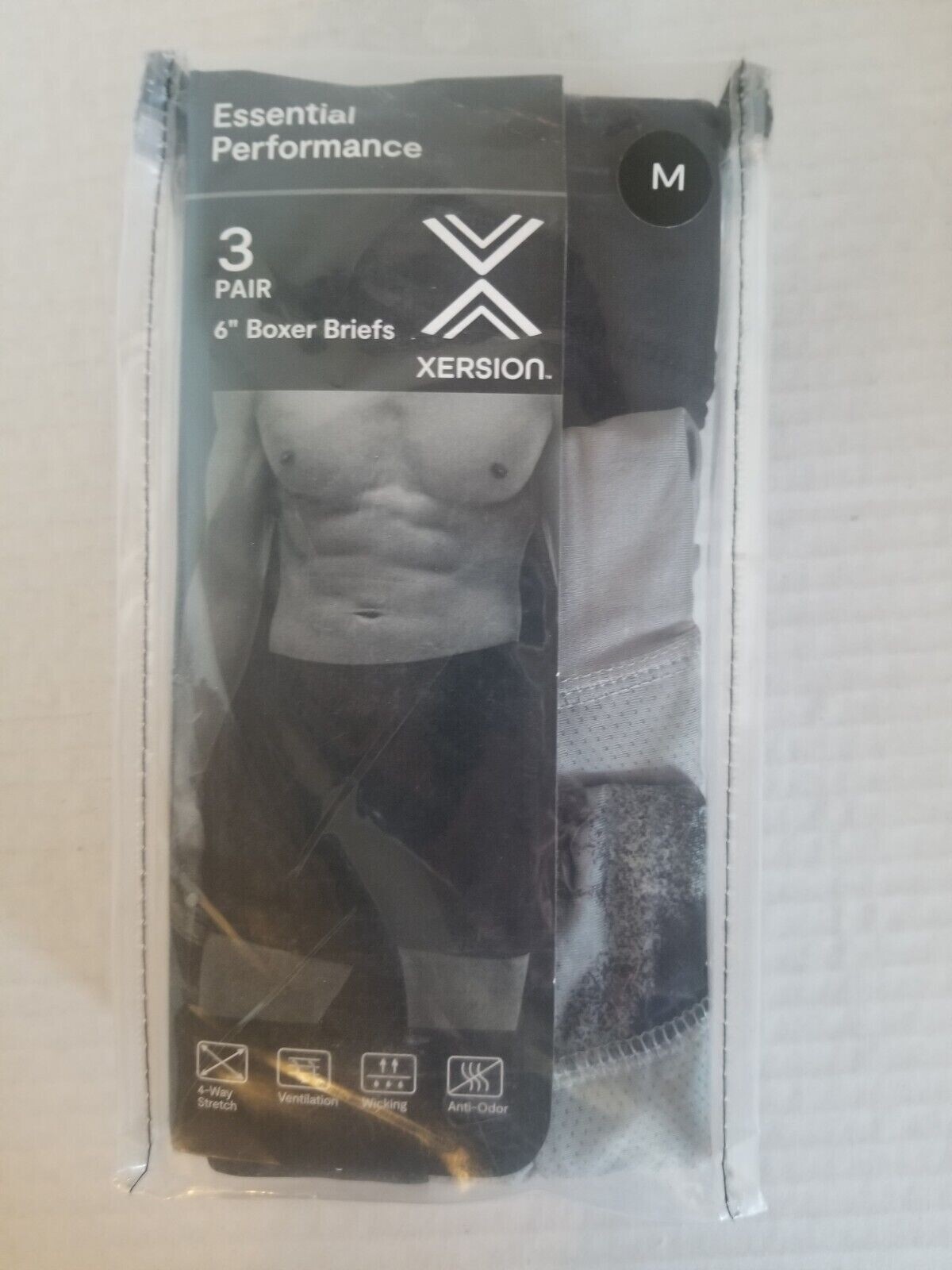 New XERSION Essential Performance Boxer Briefs 3 Pair, Gray, Black, Print LARGE