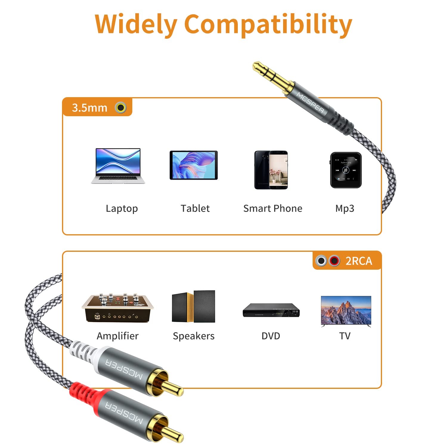 MCSPER RCA to 3.5mm AUX Cable, (6.6 Feet) 3.5 mm 1/8 1-PACK, Grey