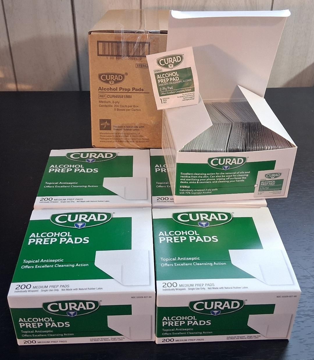 1,000 CURAD 70% Alcohol Prep Pads - Medium-200 Count per Box-5 Boxes-2 Ply-NEW