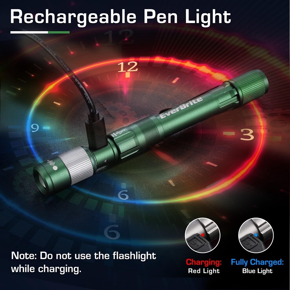 EverBrite 300LM Pen Light Rechargeable LED Pen Flashlight Zoomable w/USB-C Cable