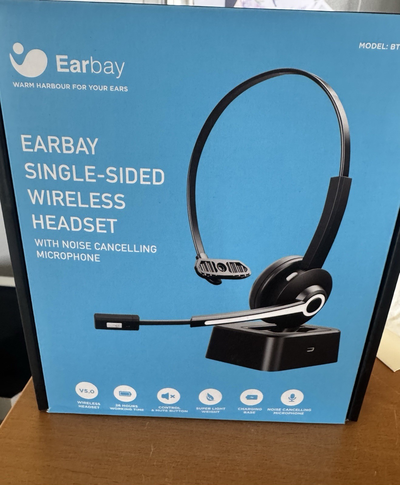 Earbay Single-Sided Bluetooth Wireless Headset Noise Cancel Boom Mic Dock Black