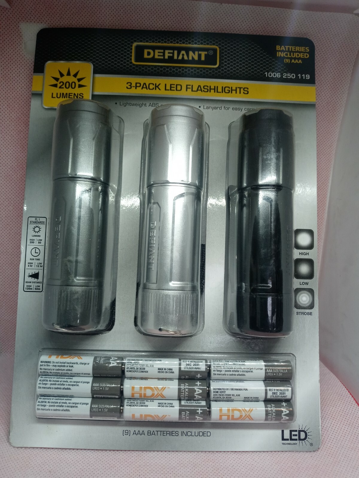 (3- PACK) Defiant 200 Lumens Plastic LED Flashlights  BATTERIES INCLUDED 90360