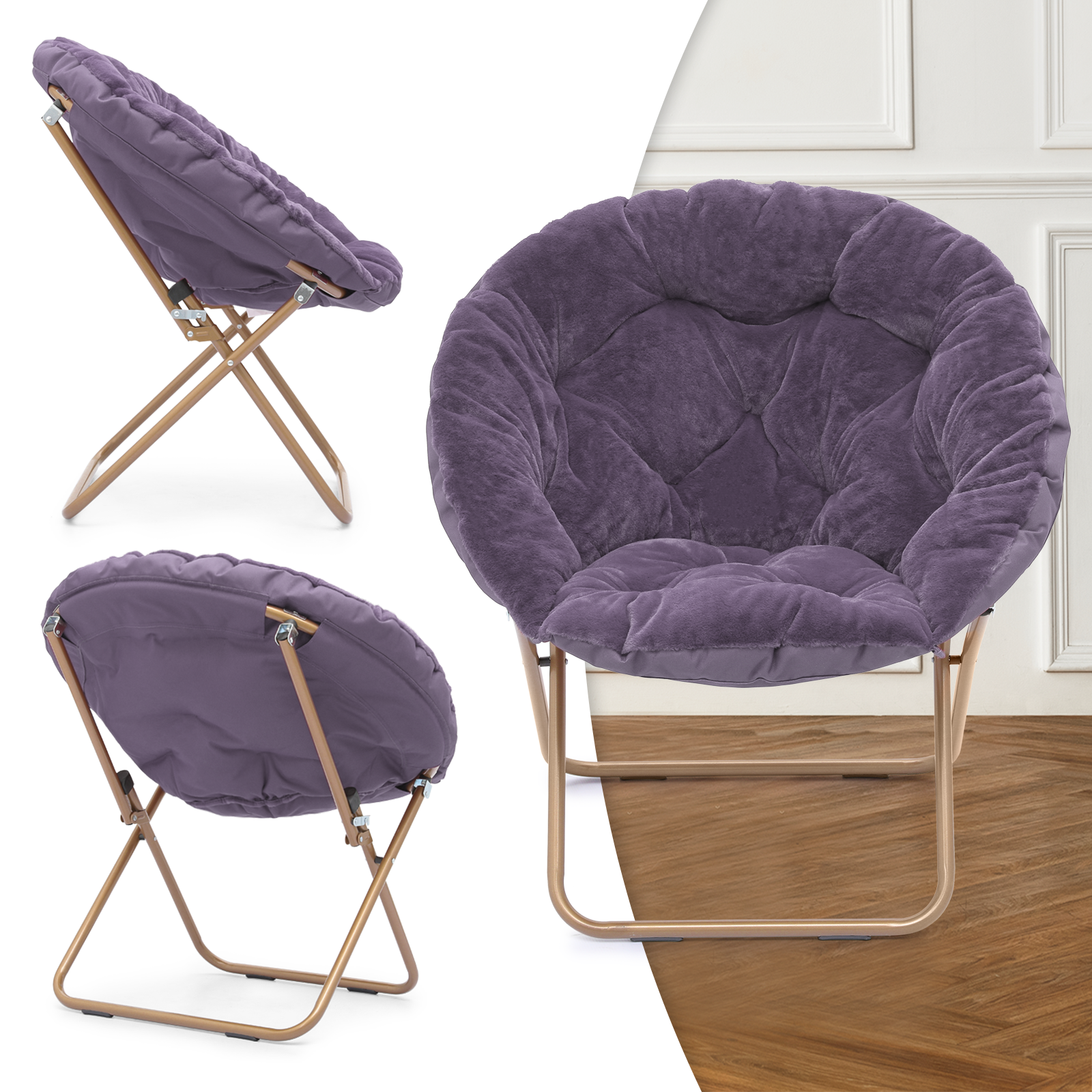 Purple Folding Faux Fur Saucer Accent Chair Padded Seat Moon Chair w/Metal Frame