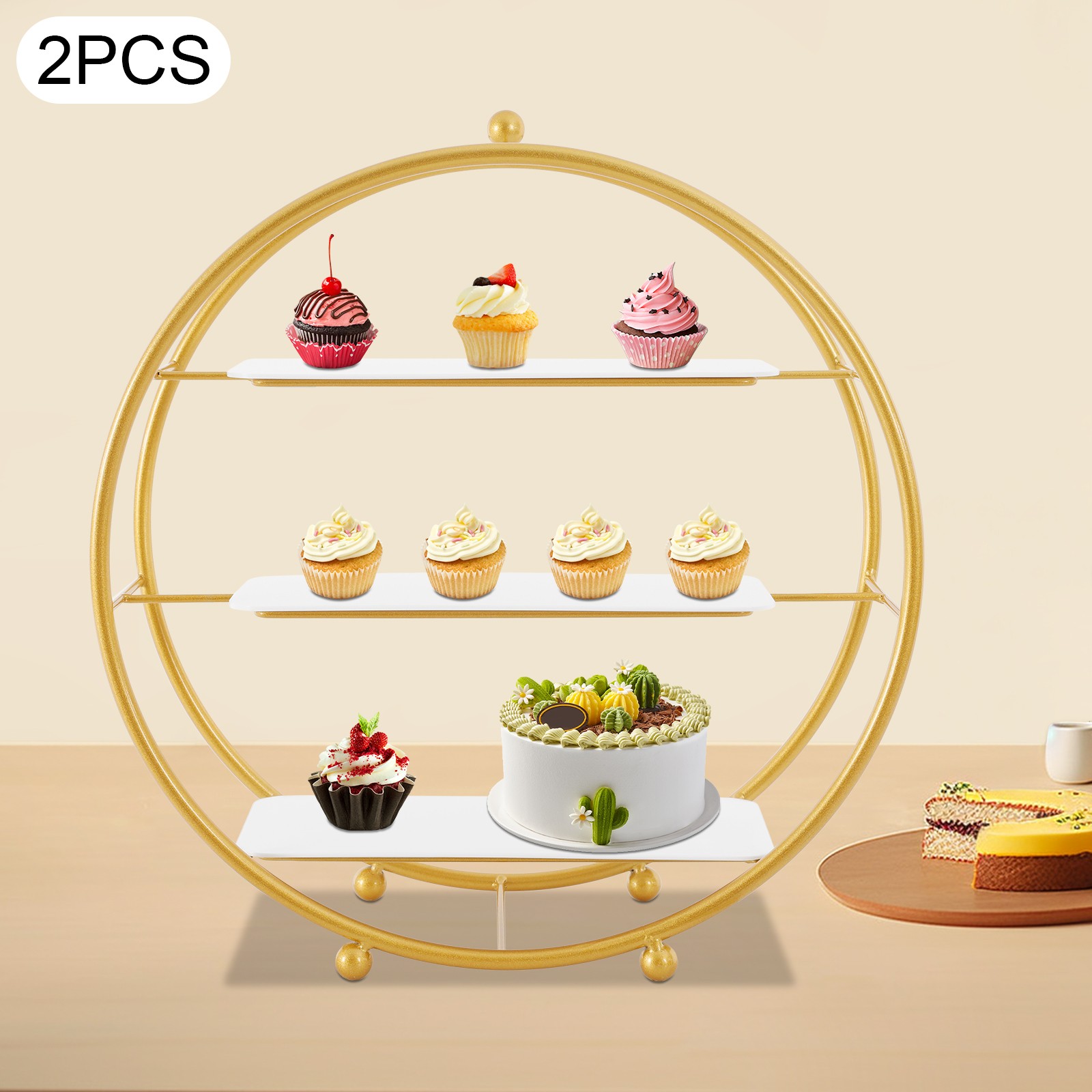2 Pcs 3 Tier Gold Metal Tiered Cupcake Stand Circle Cupcake Holder Stand