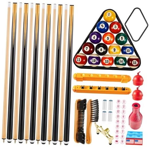 Pool Table Accessories Set with 6 Cue Sticks, 16 Billiard Balls, Triangle &