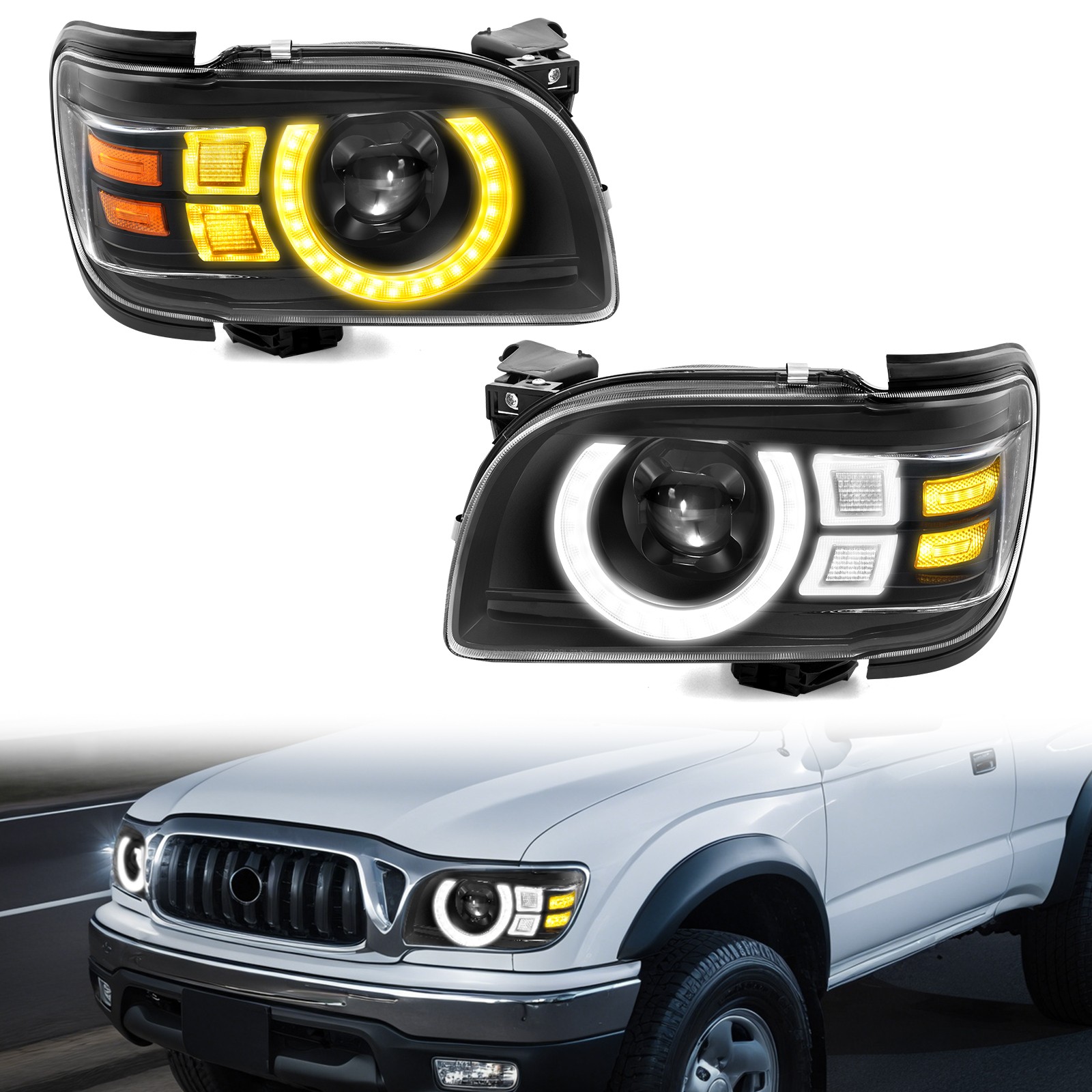 LED DRL Turn Signal Headlights For 2001-2004 Toyota Tacoma Halogen Projector L+R