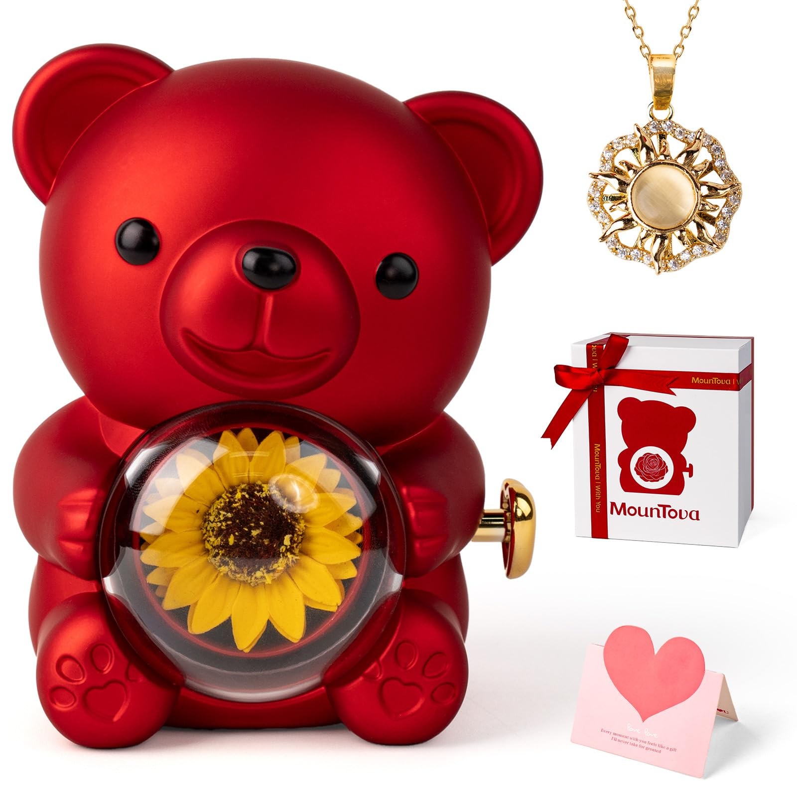 mountova Birthday Gifts for Women, Lucky Sunflower Bear with Necklace, Red