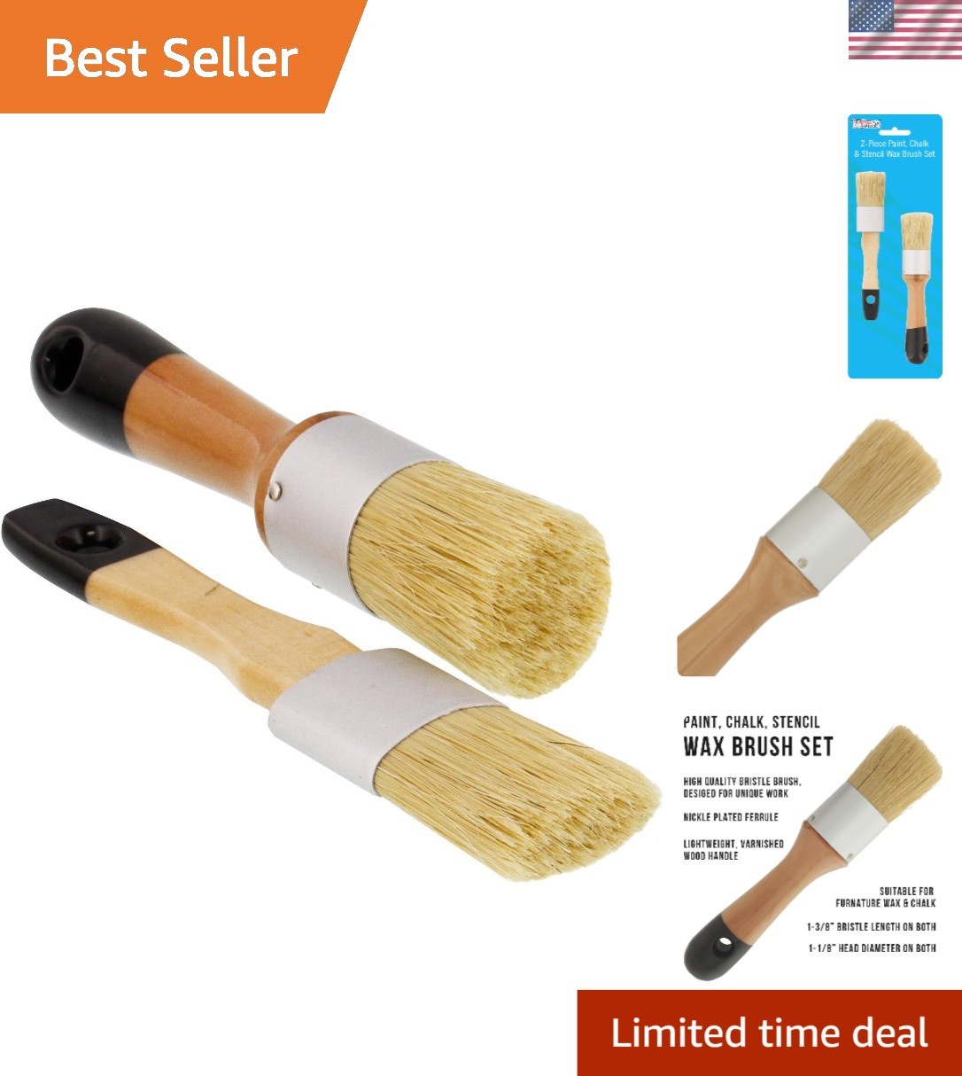 2-Piece Natural Bristle Wax and Stencil Brushes for Elegant Furniture Finishing