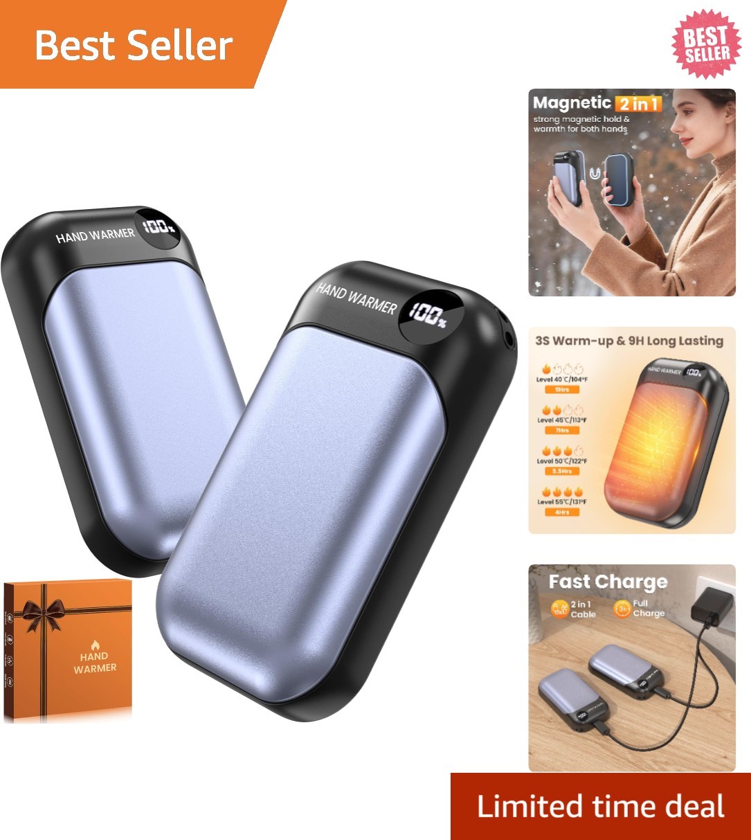 Magnetic 2-in-1 Rechargeable Hand Warmers - Fast Heating, Long Lasting Warmth