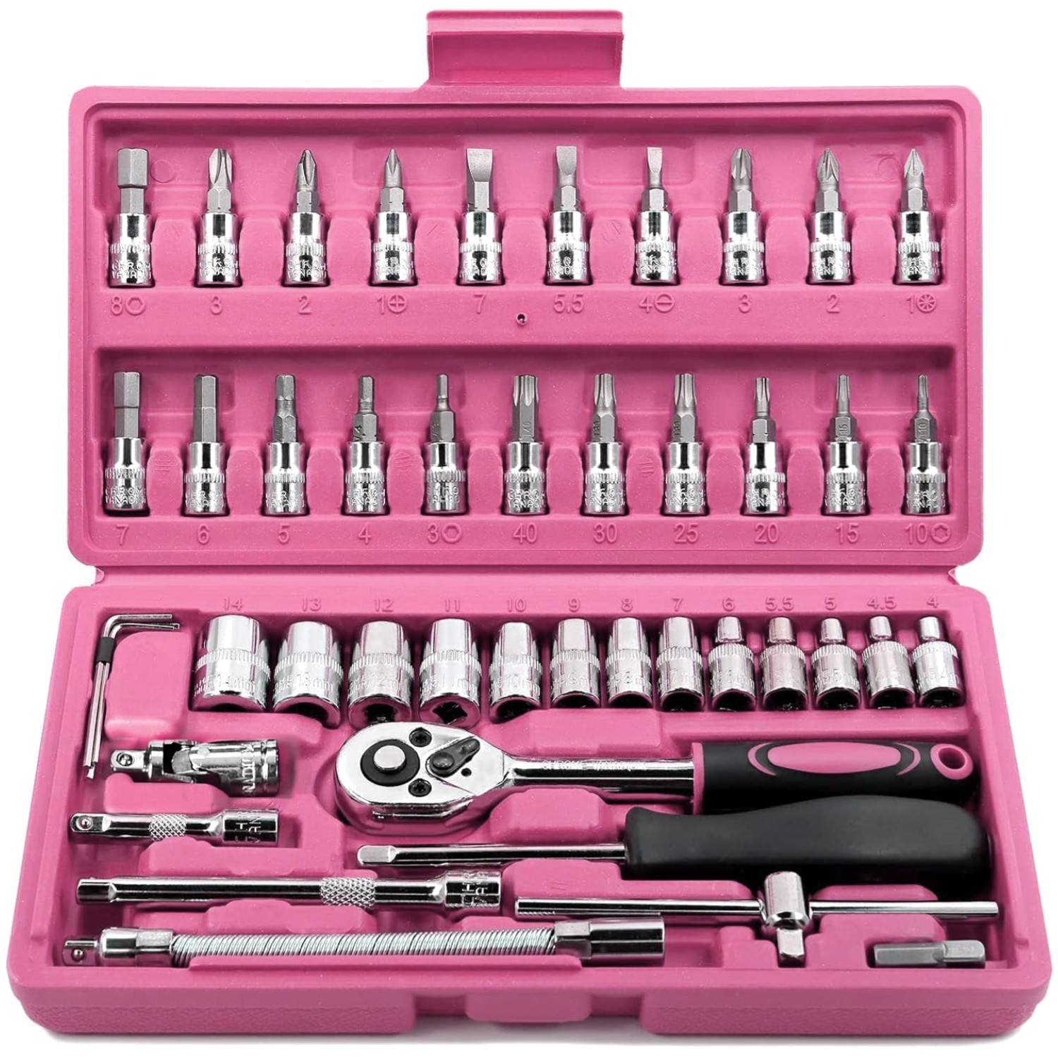 Pink Ratchet Wrench Set 46pcs Metric Socket Auto Repair Tool