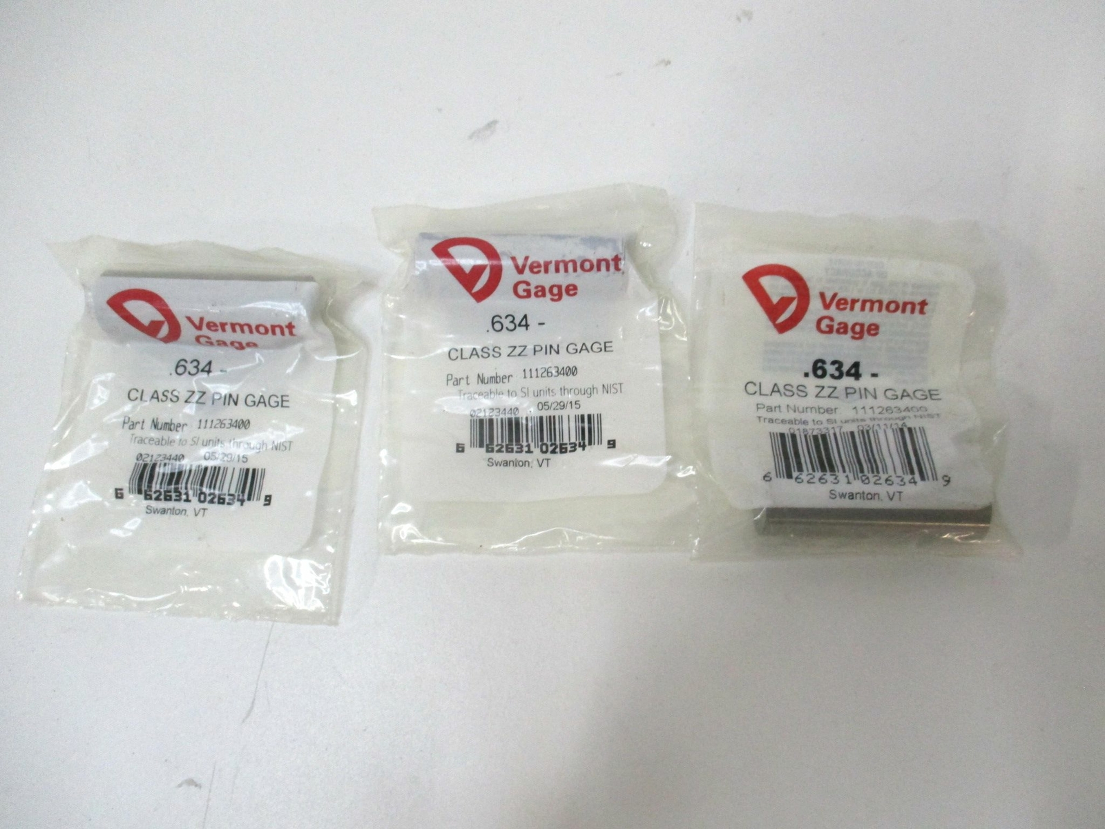 Vermont Gage (111263400) 0.634" Tolerance Class ZZ Steel No-Go Pin Gage - Qty 3