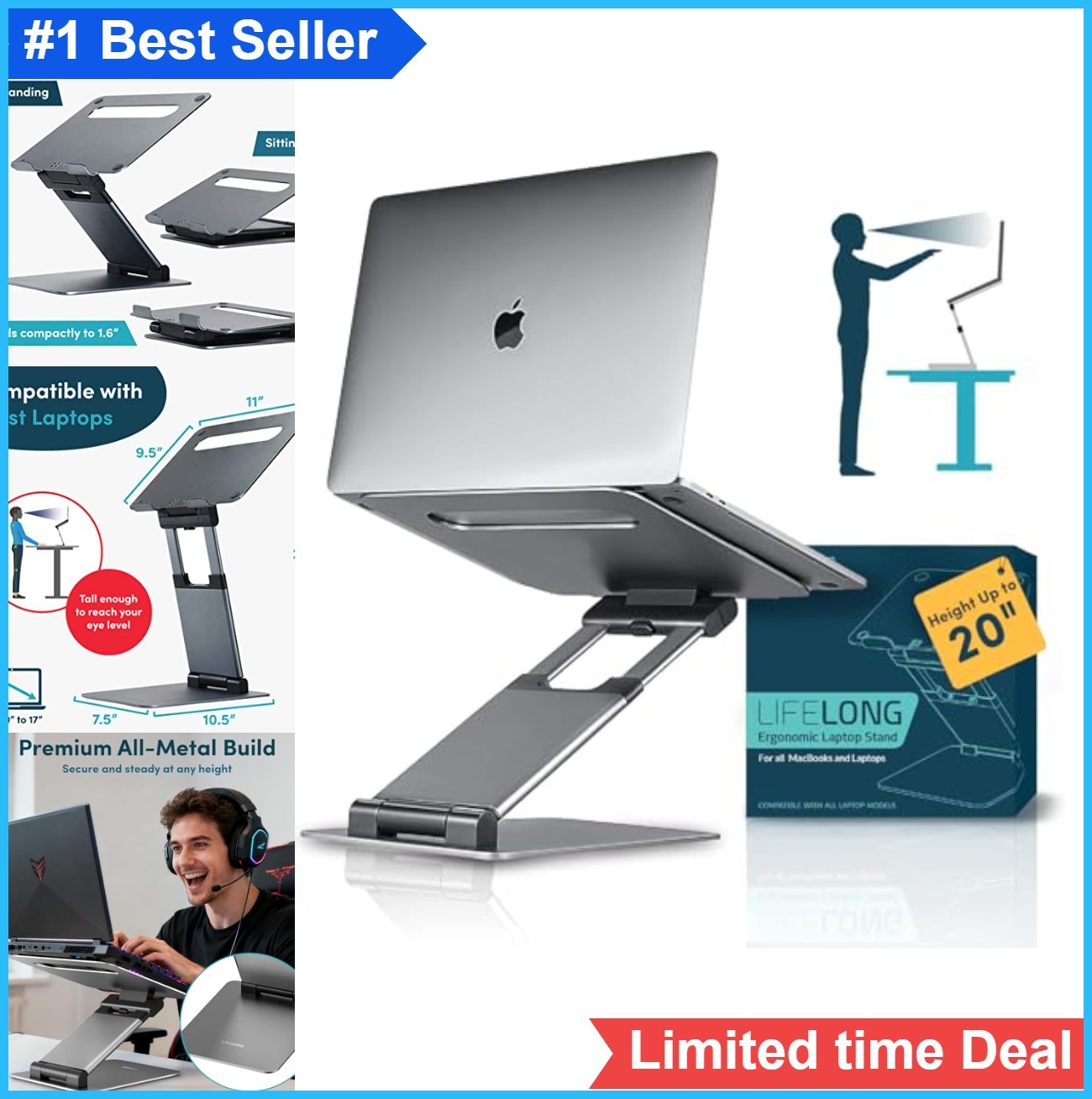 Adjustable Laptop Stand Extra Tall 20 Inch Riser Aluminum Foldable Portable