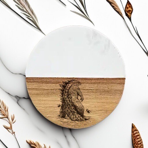 godzilla high quality marble&acacia wood laser engraved coasters custom gift