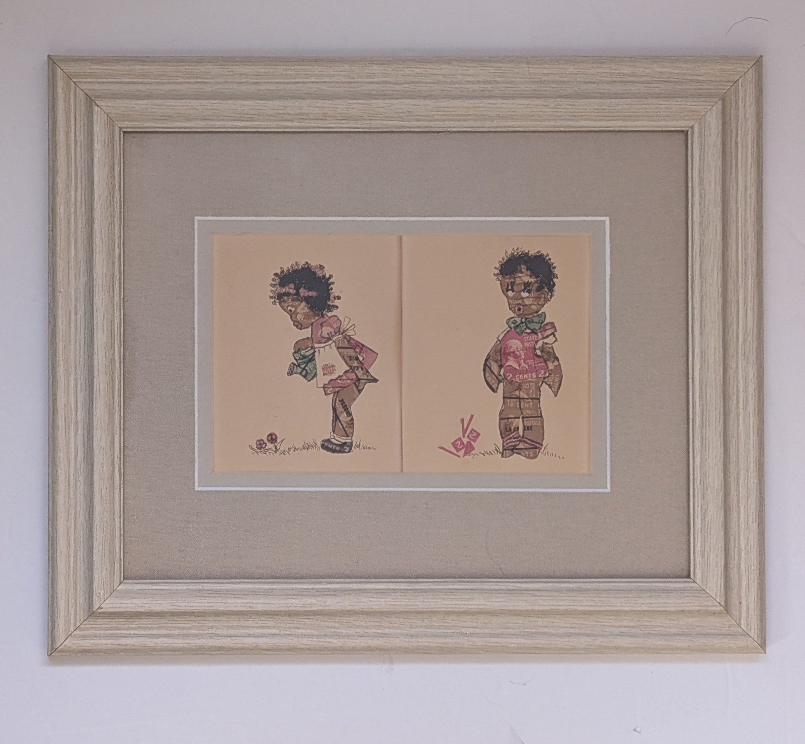 Vintage Postage Stamp And Ink Collage Retro Boy Girl Ephemera Art Framed OOAK